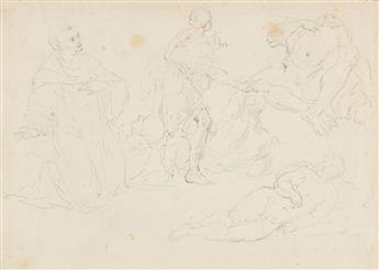 ITALIAN SCHOOL, 18TH CENTURY Sheet of Studies with an Adoration of the Shepherds, Nudes and a Kneeling Cleric.